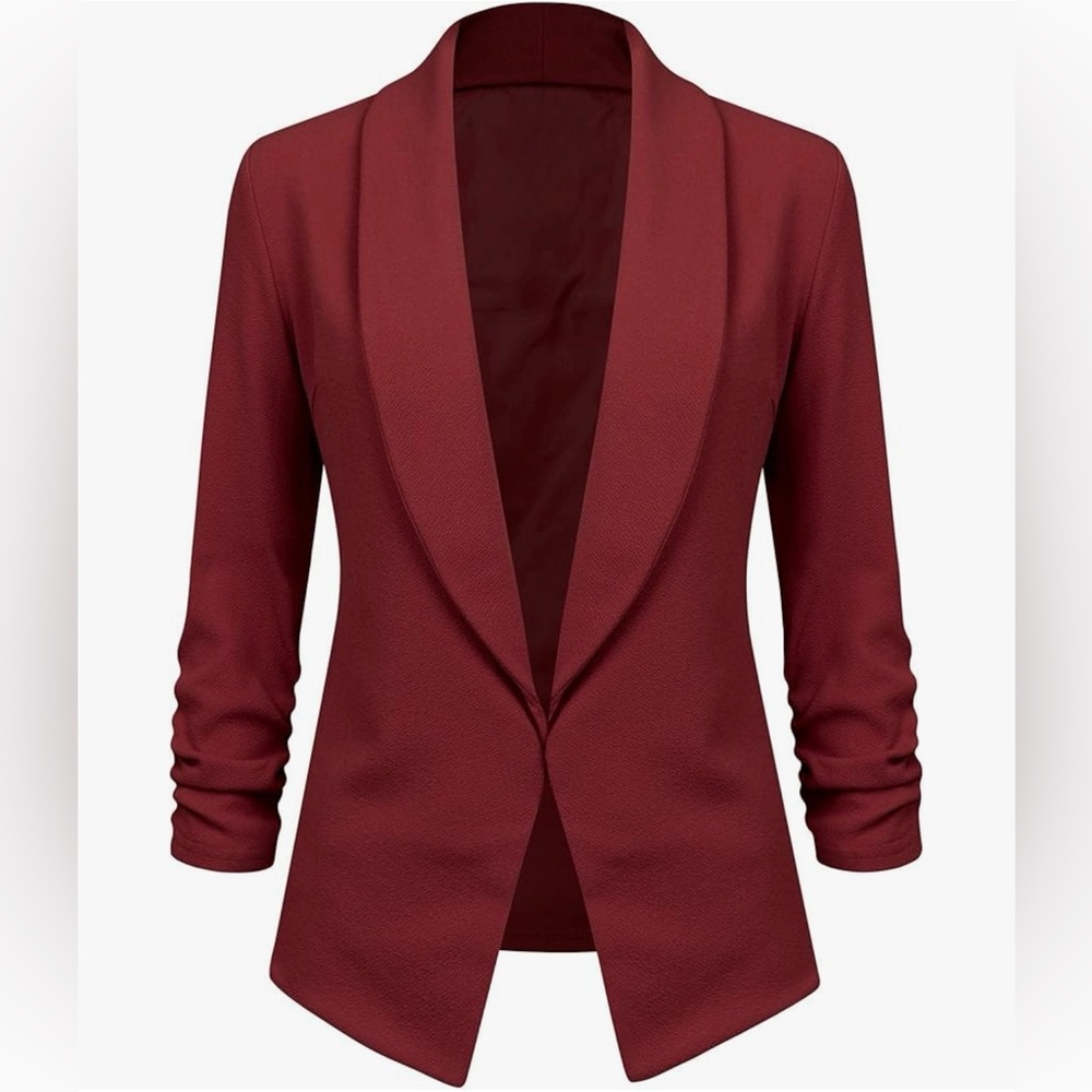 3/4 Sleeve Blazer Open Front Cardigan Jacket Work Office Blazer -wine